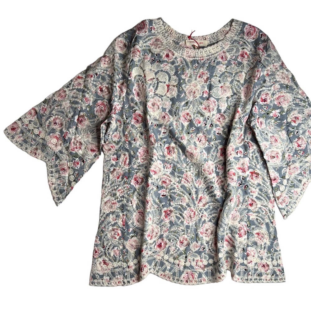 Solitaire Floral Embroidered Scallop Hem Tunic Blouse Boho Cottagecore Romantic